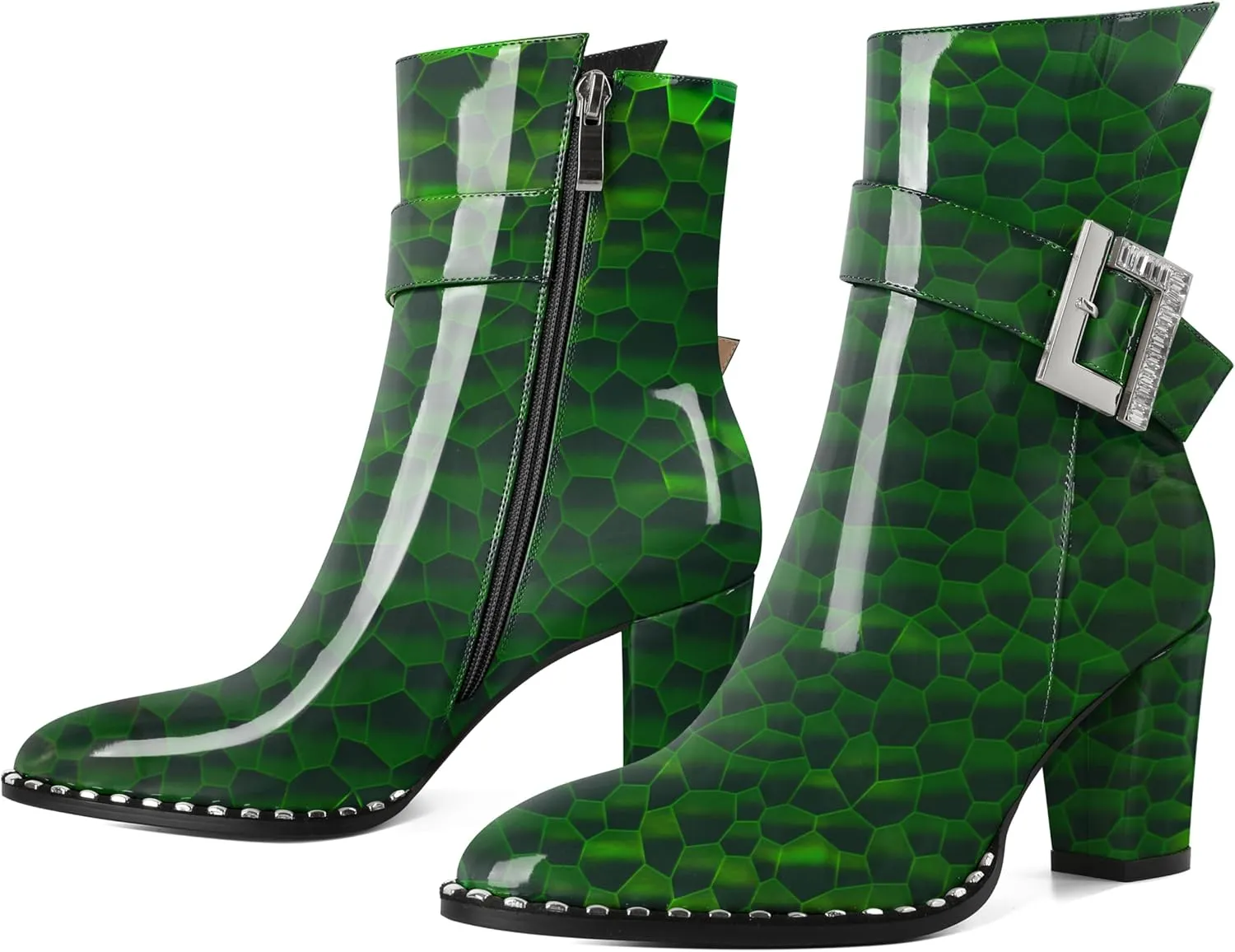 Eldof Ankle Boots for Women Block Chunky Heel Round Toe Beaded Heeled Fall Short Booties Buckle Strap Side Zipper 3 Inches