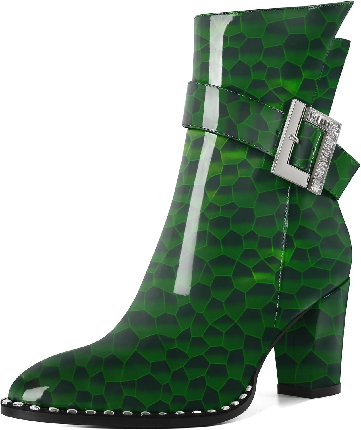 Eldof Ankle Boots for Women Block Chunky Heel Round Toe Beaded Heeled Fall Short Booties Buckle Strap Side Zipper 3 Inches