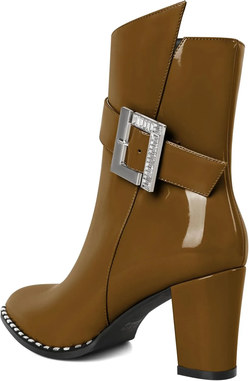 Eldof Ankle Boots for Women Block Chunky Heel Round Toe Beaded Heeled Fall Short Booties Buckle Strap Side Zipper 3 Inches