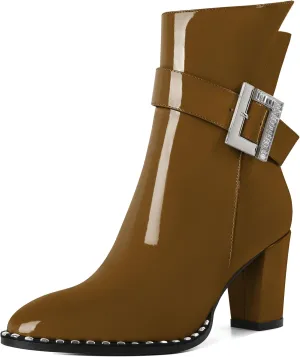 Eldof Ankle Boots for Women Block Chunky Heel Round Toe Beaded Heeled Fall Short Booties Buckle Strap Side Zipper 3 Inches