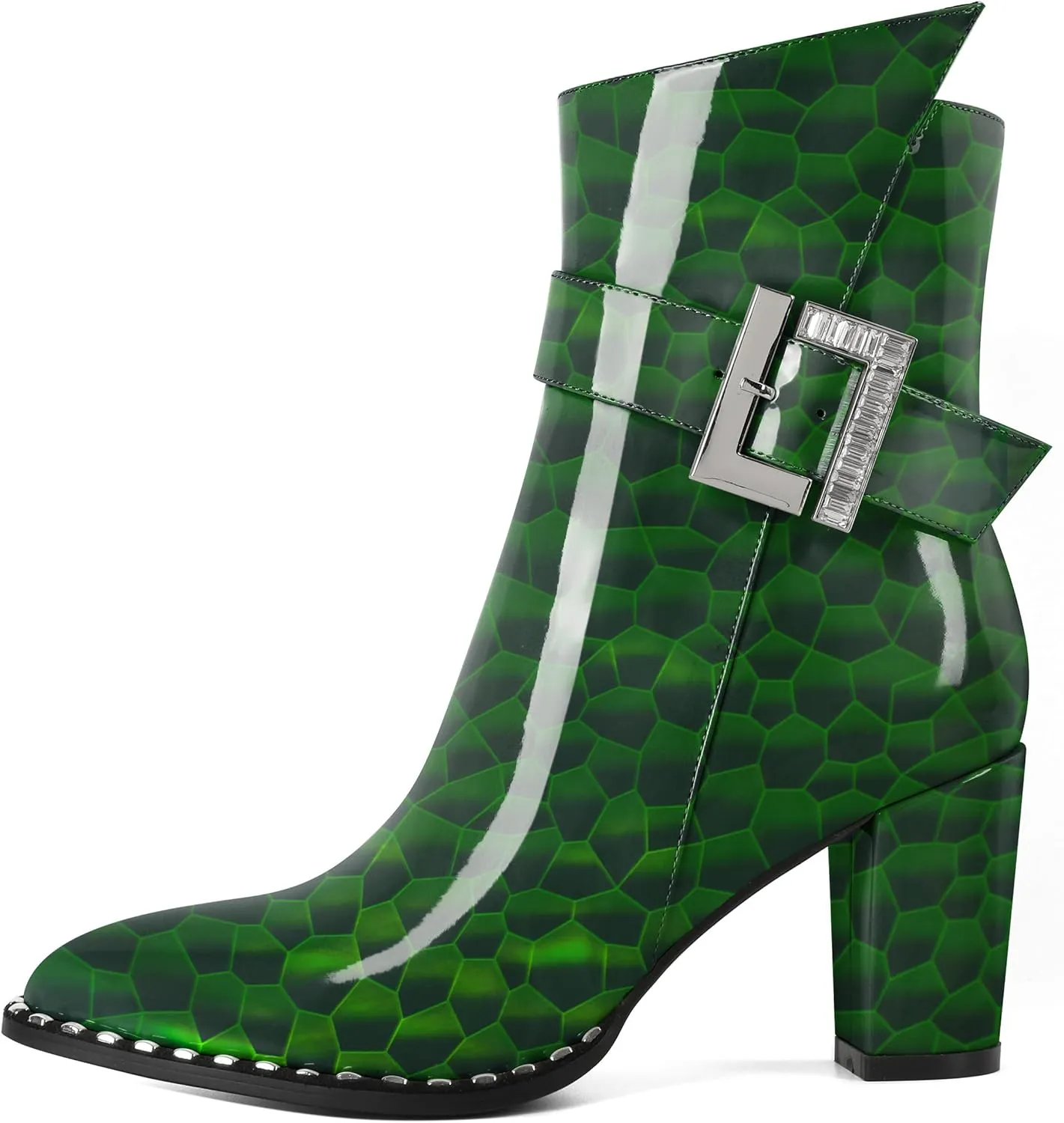 Eldof Ankle Boots for Women Block Chunky Heel Round Toe Beaded Heeled Fall Short Booties Buckle Strap Side Zipper 3 Inches