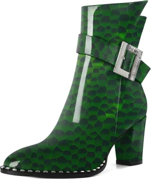 Eldof Ankle Boots for Women Block Chunky Heel Round Toe Beaded Heeled Fall Short Booties Buckle Strap Side Zipper 3 Inches