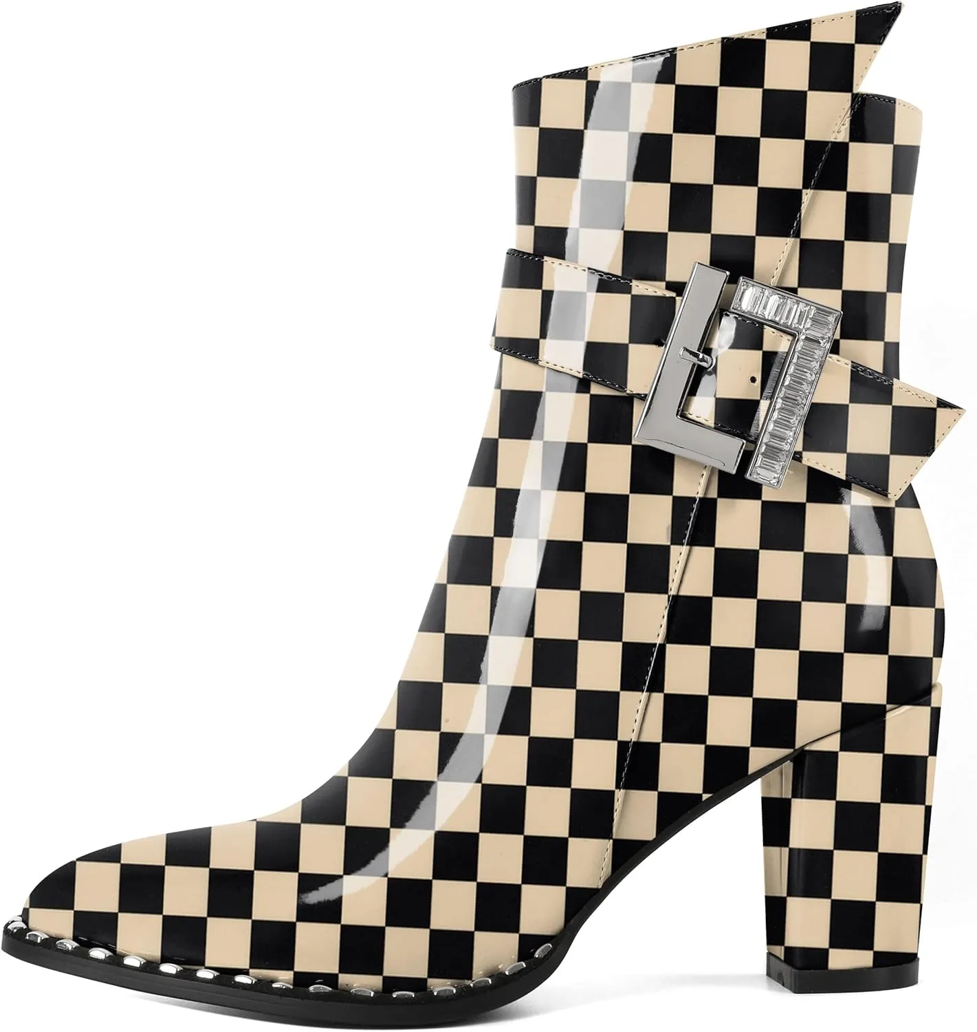 Eldof Ankle Boots for Women Block Chunky Heel Round Toe Beaded Heeled Fall Short Booties Buckle Strap Side Zipper 3 Inches