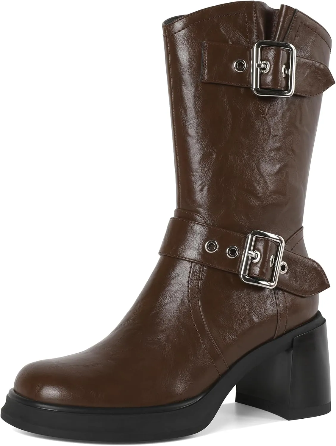 Eldof Mid Calf Boots for Women Platform Chunky Heel Booties with Buckles Square Toe Side Zipper Biker Motorcycle Leather Boots Women Fall Winter 3 Inches