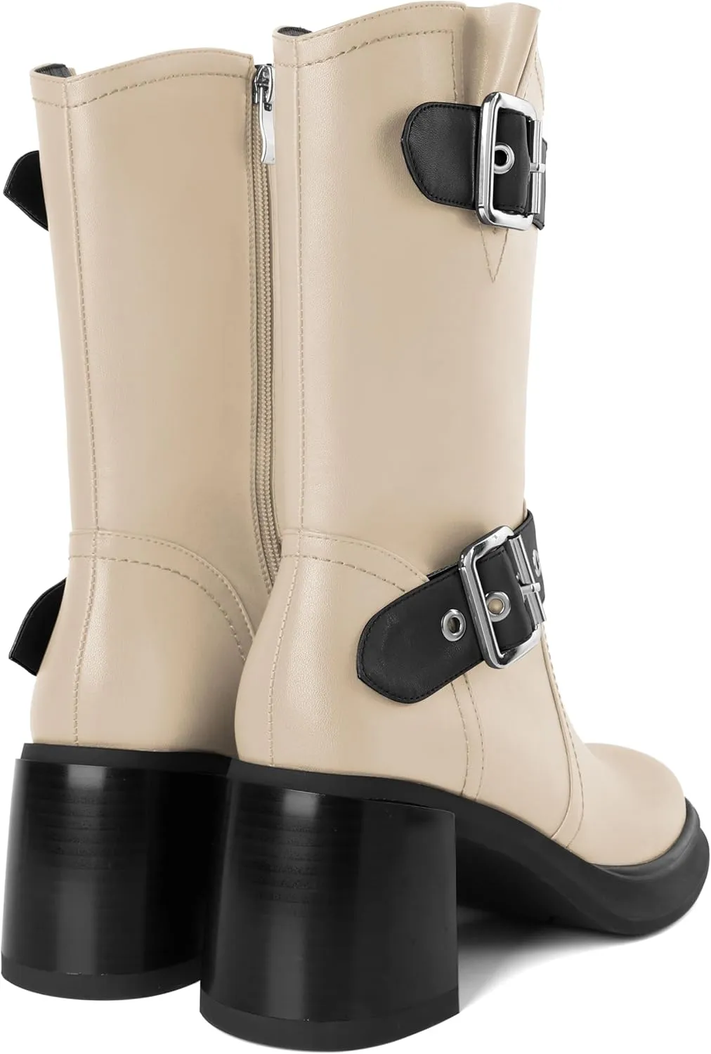 Eldof Mid Calf Boots for Women Platform Chunky Heel Booties with Buckles Square Toe Side Zipper Biker Motorcycle Leather Boots Women Fall Winter 3 Inches