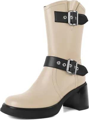 Eldof Mid Calf Boots for Women Platform Chunky Heel Booties with Buckles Square Toe Side Zipper Biker Motorcycle Leather Boots Women Fall Winter 3 Inches