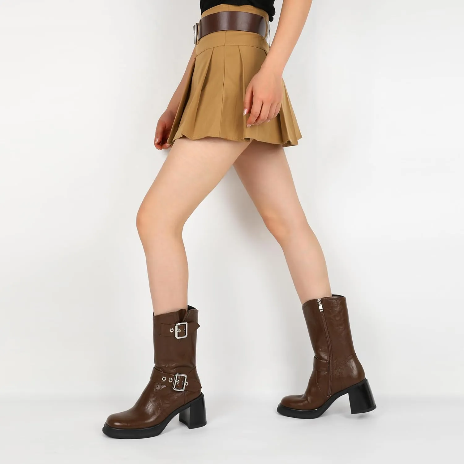 Eldof Mid Calf Boots for Women Platform Chunky Heel Booties with Buckles Square Toe Side Zipper Biker Motorcycle Leather Boots Women Fall Winter 3 Inches