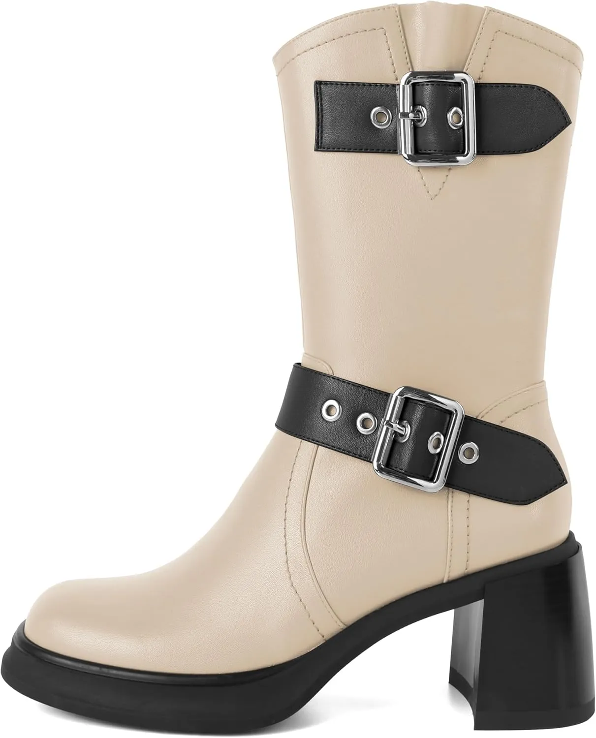 Eldof Mid Calf Boots for Women Platform Chunky Heel Booties with Buckles Square Toe Side Zipper Biker Motorcycle Leather Boots Women Fall Winter 3 Inches