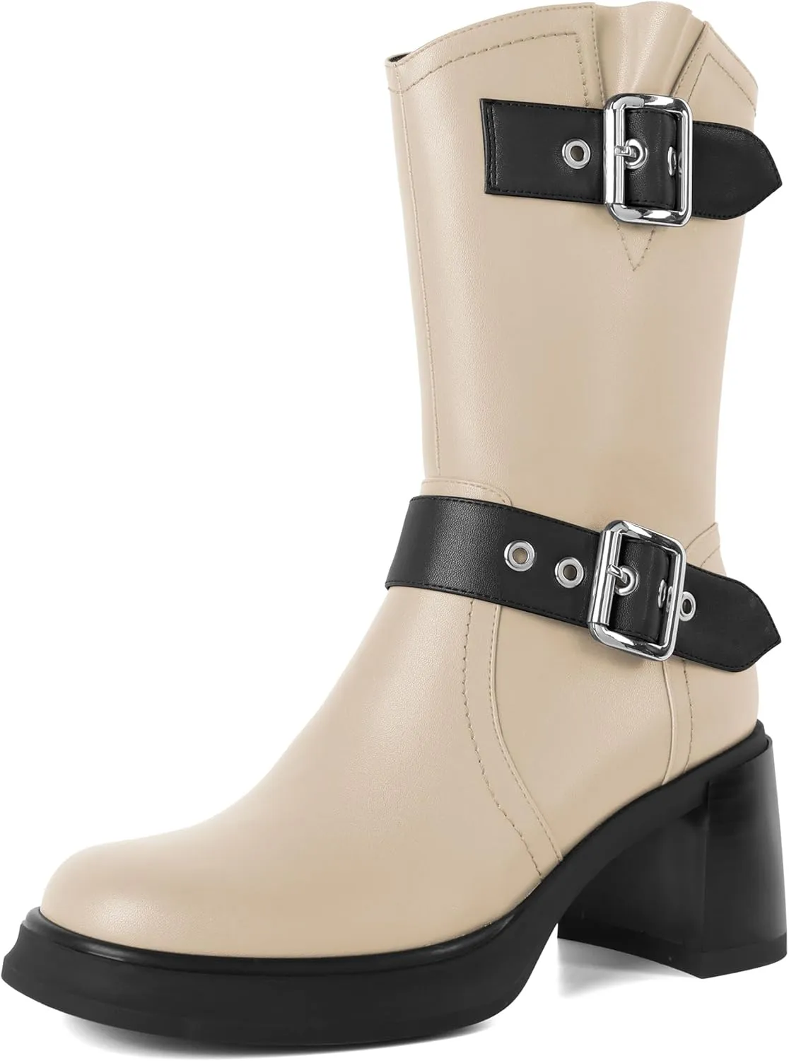 Eldof Mid Calf Boots for Women Platform Chunky Heel Booties with Buckles Square Toe Side Zipper Biker Motorcycle Leather Boots Women Fall Winter 3 Inches