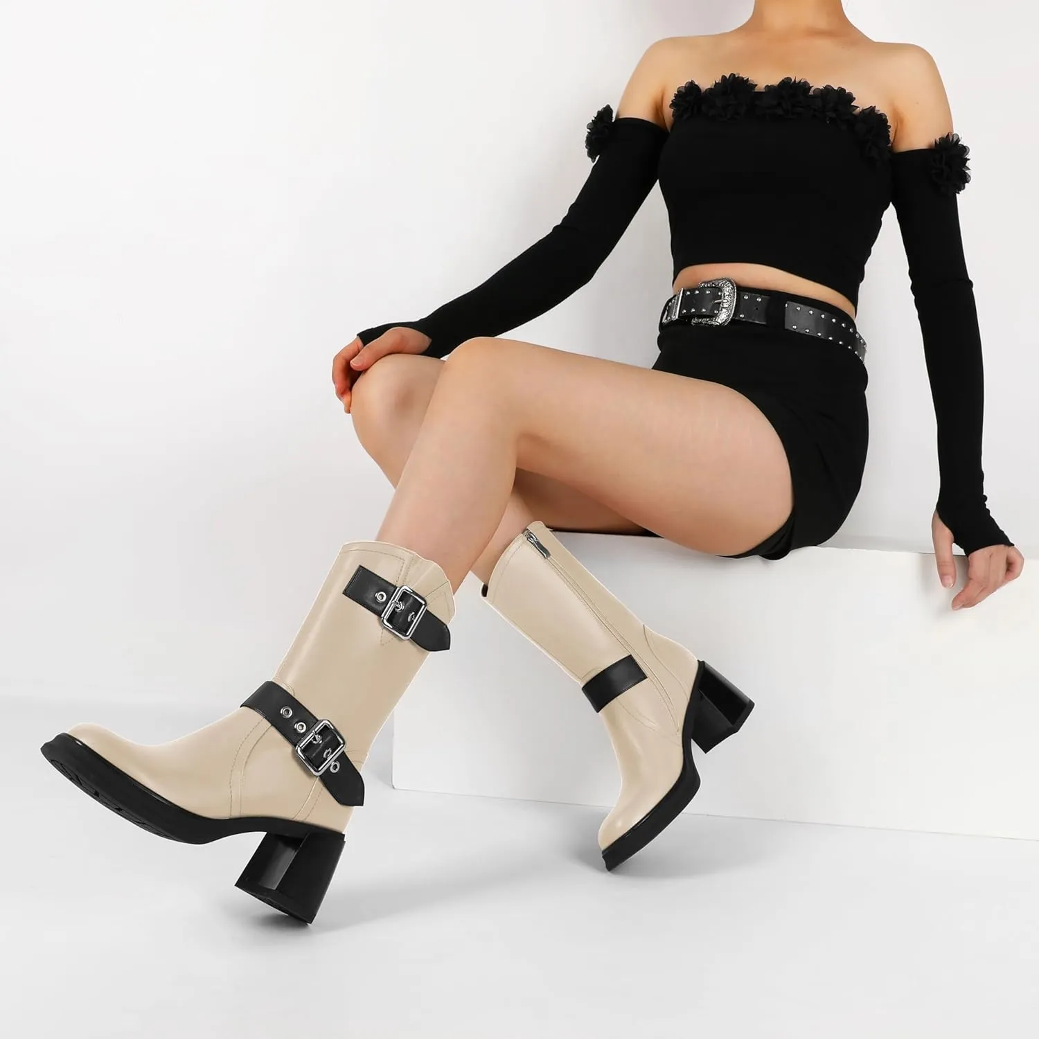 Eldof Mid Calf Boots for Women Platform Chunky Heel Booties with Buckles Square Toe Side Zipper Biker Motorcycle Leather Boots Women Fall Winter 3 Inches