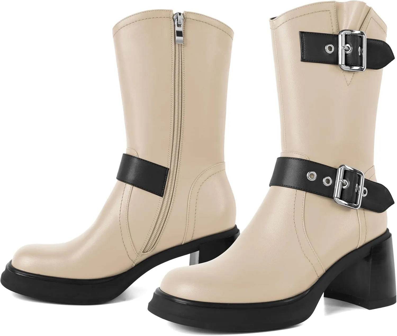 Eldof Mid Calf Boots for Women Platform Chunky Heel Booties with Buckles Square Toe Side Zipper Biker Motorcycle Leather Boots Women Fall Winter 3 Inches
