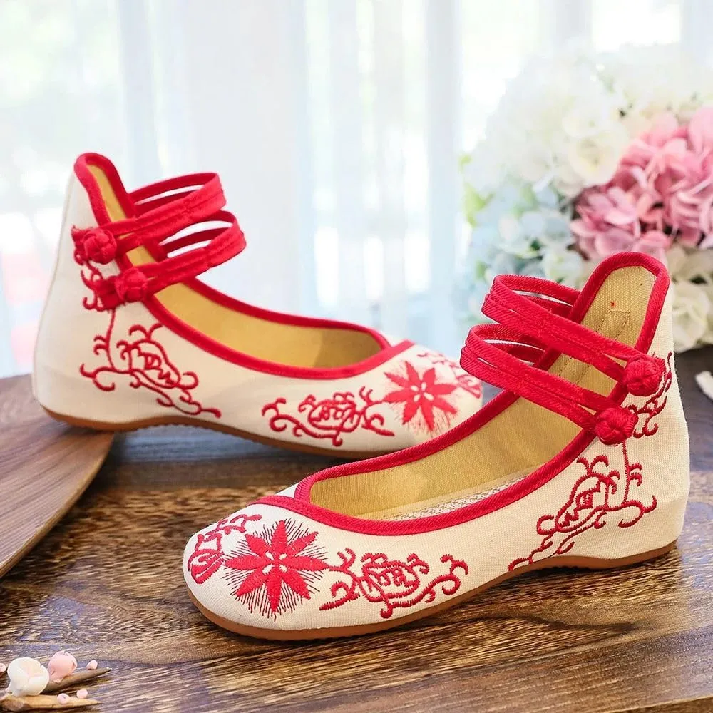 Embroidered Women Canvas Ballet Flats Ankle Strap Ladies Casual Cotton Chinese Embroidery Ballerina Shoes