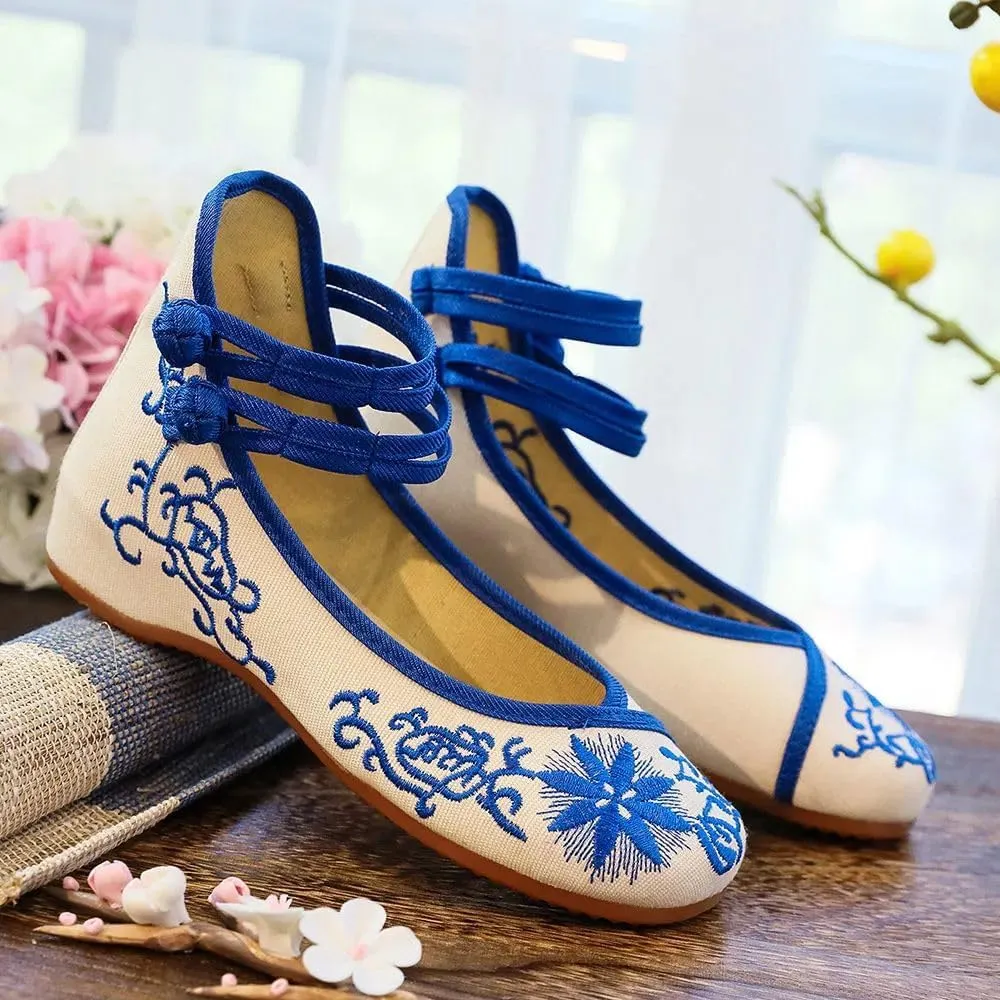 Embroidered Women Canvas Ballet Flats Ankle Strap Ladies Casual Cotton Chinese Embroidery Ballerina Shoes