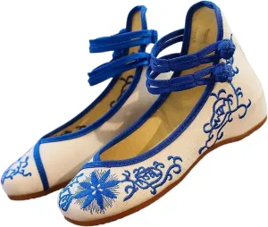 Embroidered Women Canvas Ballet Flats Ankle Strap Ladies Casual Cotton Chinese Embroidery Ballerina Shoes