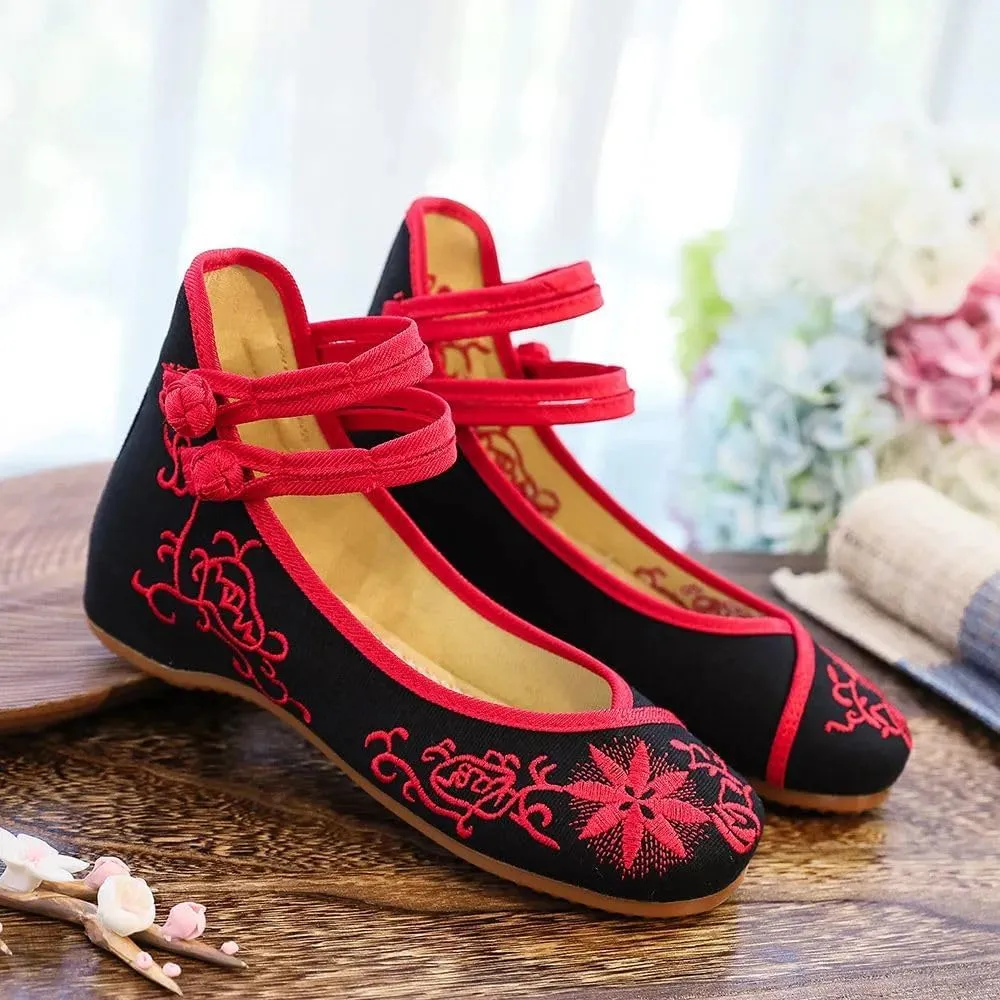 Embroidered Women Canvas Ballet Flats Ankle Strap Ladies Casual Cotton Chinese Embroidery Ballerina Shoes