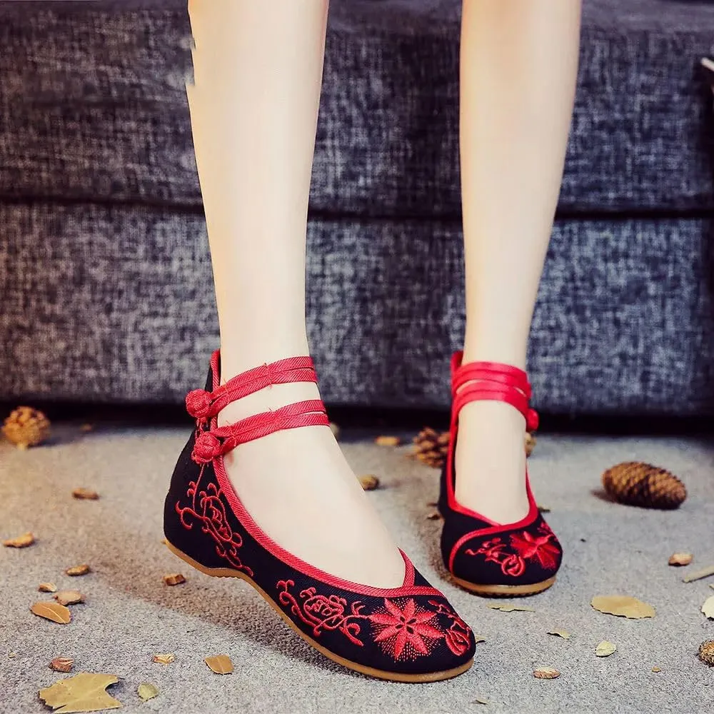 Embroidered Women Canvas Ballet Flats Ankle Strap Ladies Casual Cotton Chinese Embroidery Ballerina Shoes