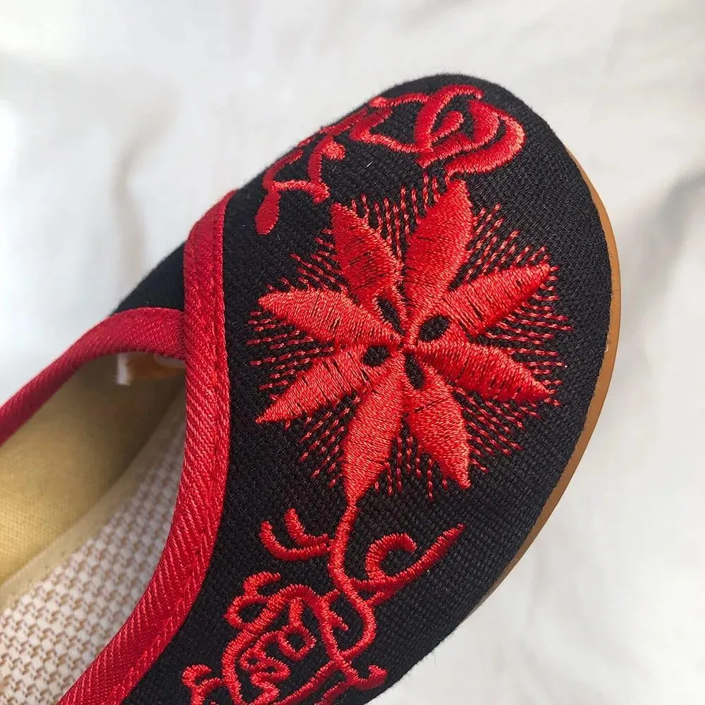 Embroidered Women Canvas Ballet Flats Ankle Strap Ladies Casual Cotton Chinese Embroidery Ballerina Shoes