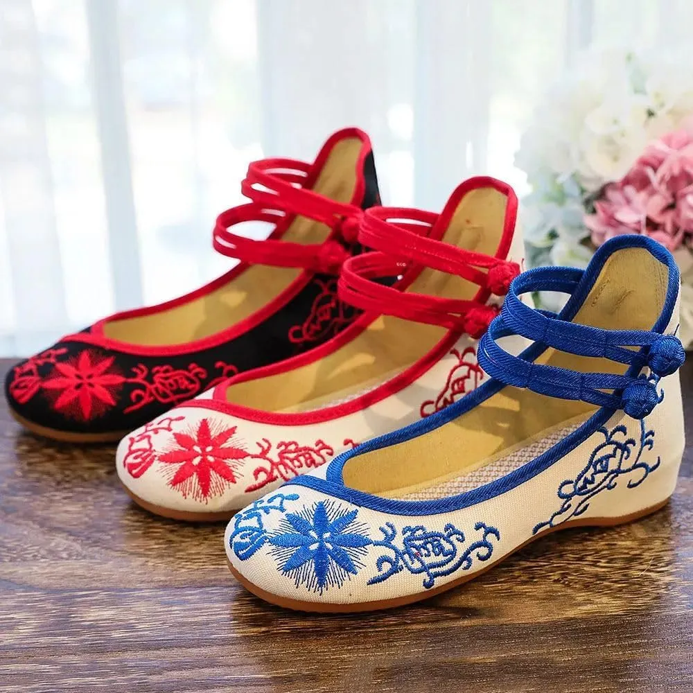 Embroidered Women Canvas Ballet Flats Ankle Strap Ladies Casual Cotton Chinese Embroidery Ballerina Shoes