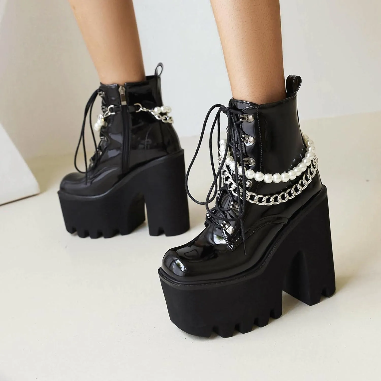 Erocalli Women Gothic Platform Boots Black Chains Punk Chunky Combat Chunky Block High Heel Goth Ankle Booties