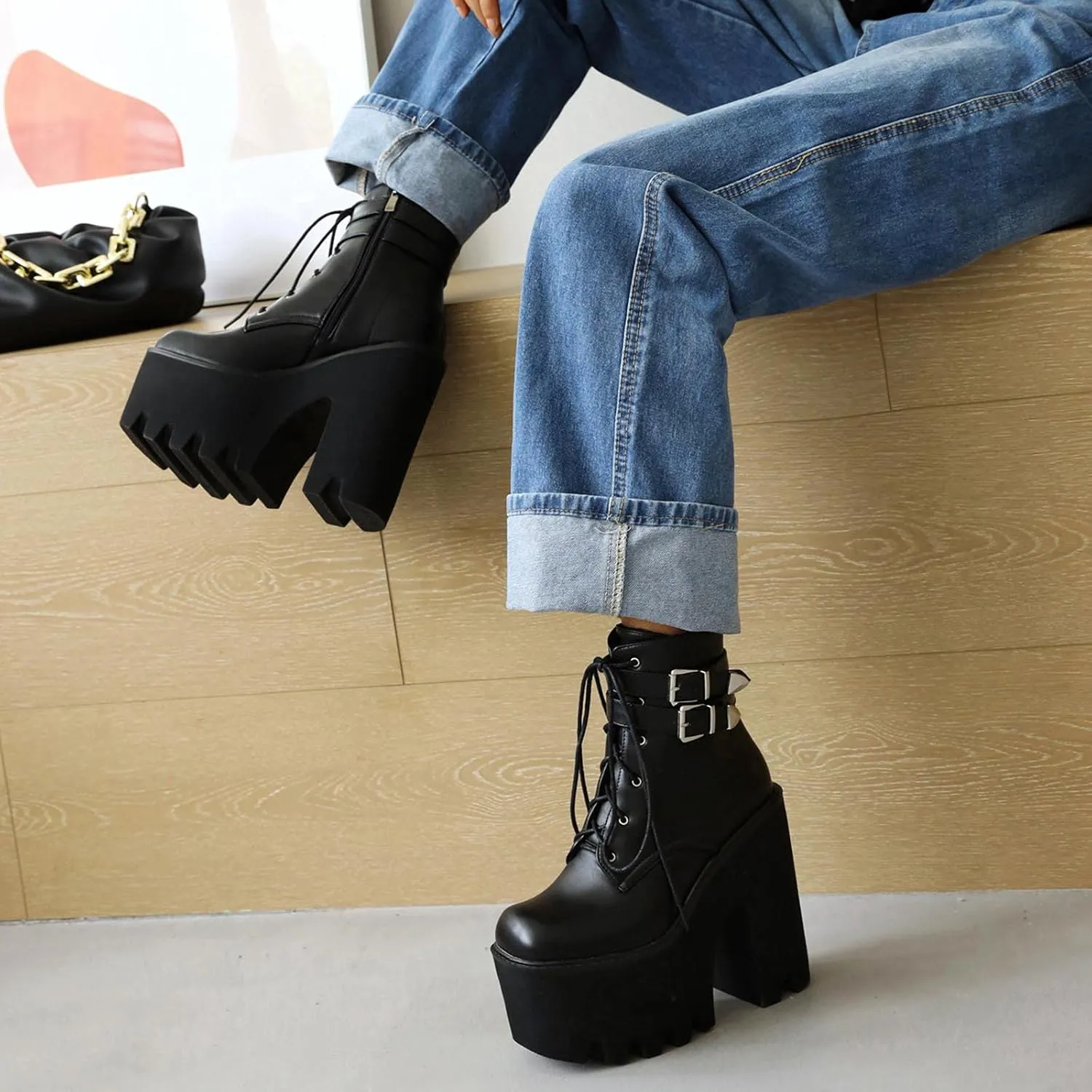 Erocalli Women Gothic Platform Boots Black Chains Punk Chunky Combat Chunky Block High Heel Goth Ankle Booties