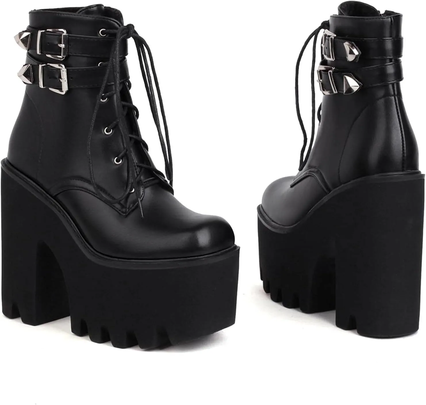Erocalli Women Gothic Platform Boots Black Chains Punk Chunky Combat Chunky Block High Heel Goth Ankle Booties