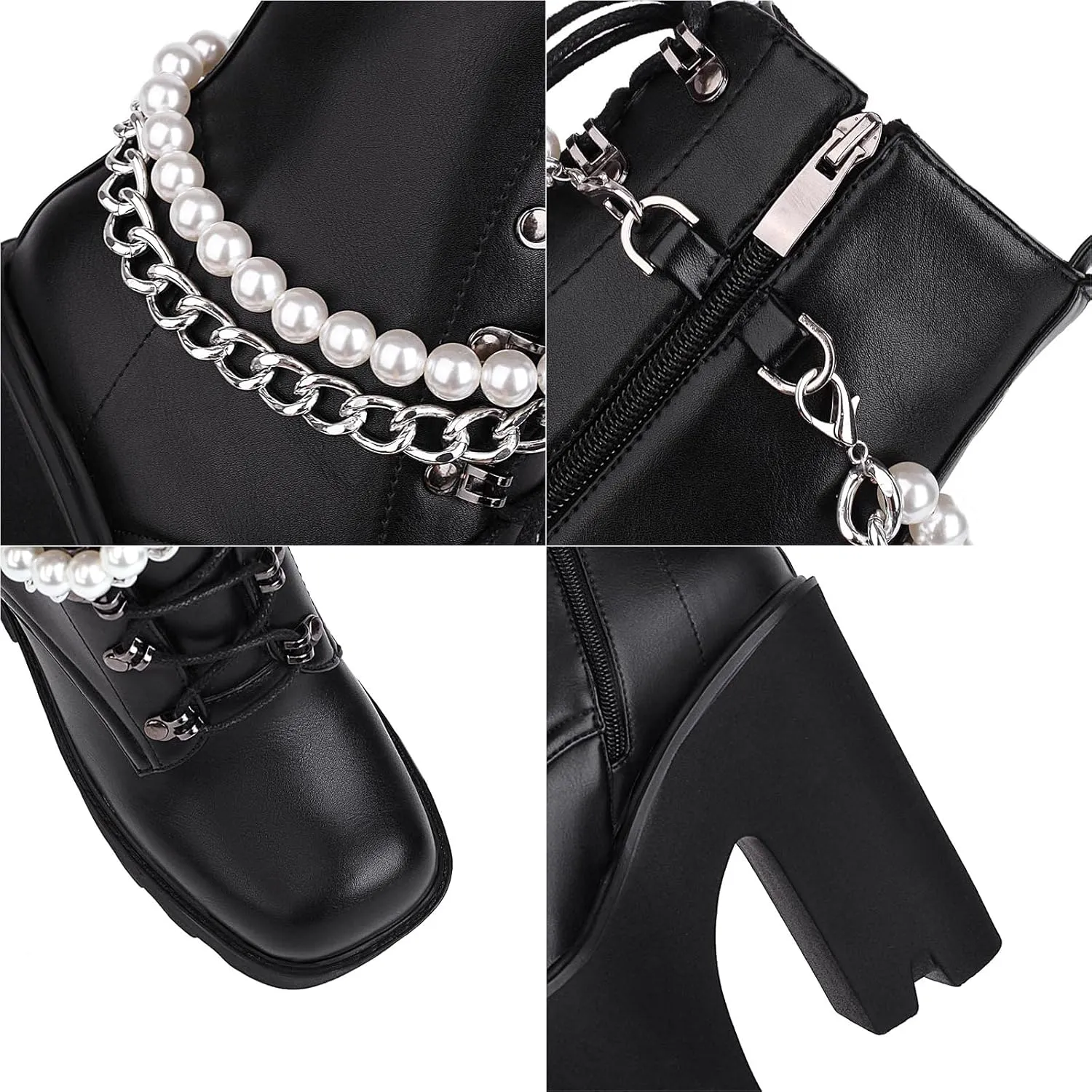 Erocalli Women Gothic Platform Boots Black Chains Punk Chunky Combat Chunky Block High Heel Goth Ankle Booties