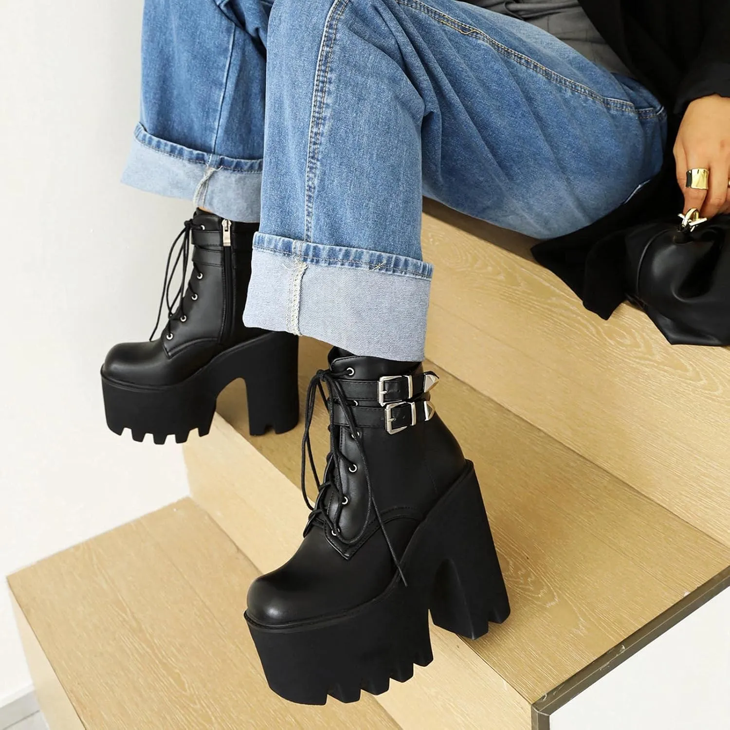 Erocalli Women Gothic Platform Boots Black Chains Punk Chunky Combat Chunky Block High Heel Goth Ankle Booties