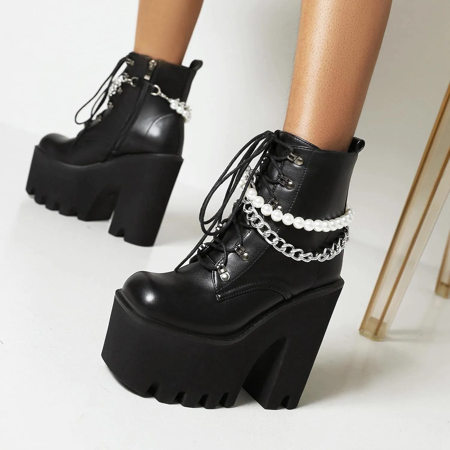 Erocalli Women Gothic Platform Boots Black Chains Punk Chunky Combat Chunky Block High Heel Goth Ankle Booties