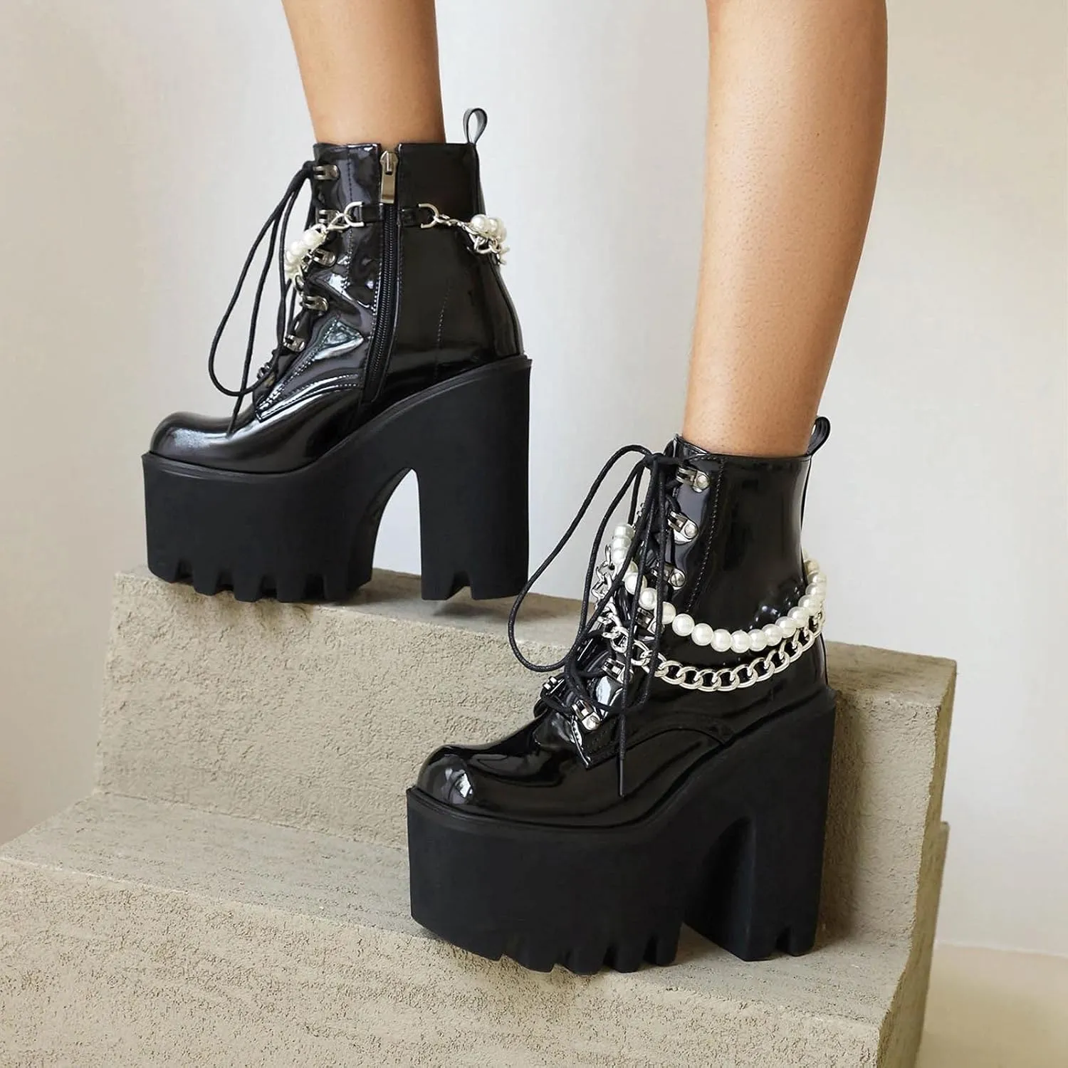 Erocalli Women Gothic Platform Boots Black Chains Punk Chunky Combat Chunky Block High Heel Goth Ankle Booties