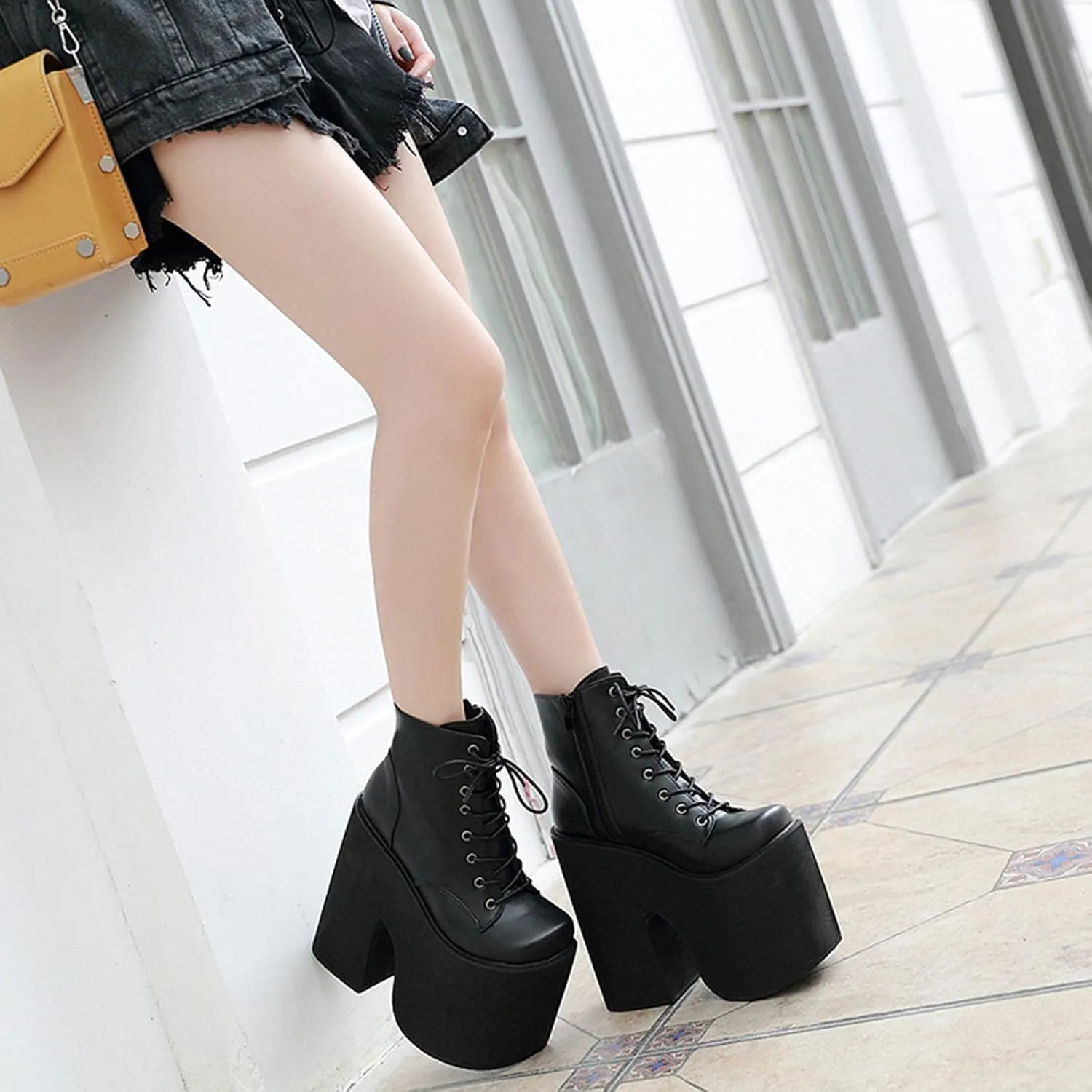 Erocalli Women Gothic Platform Boots Black Chains Punk Chunky Combat Chunky Block High Heel Goth Ankle Booties