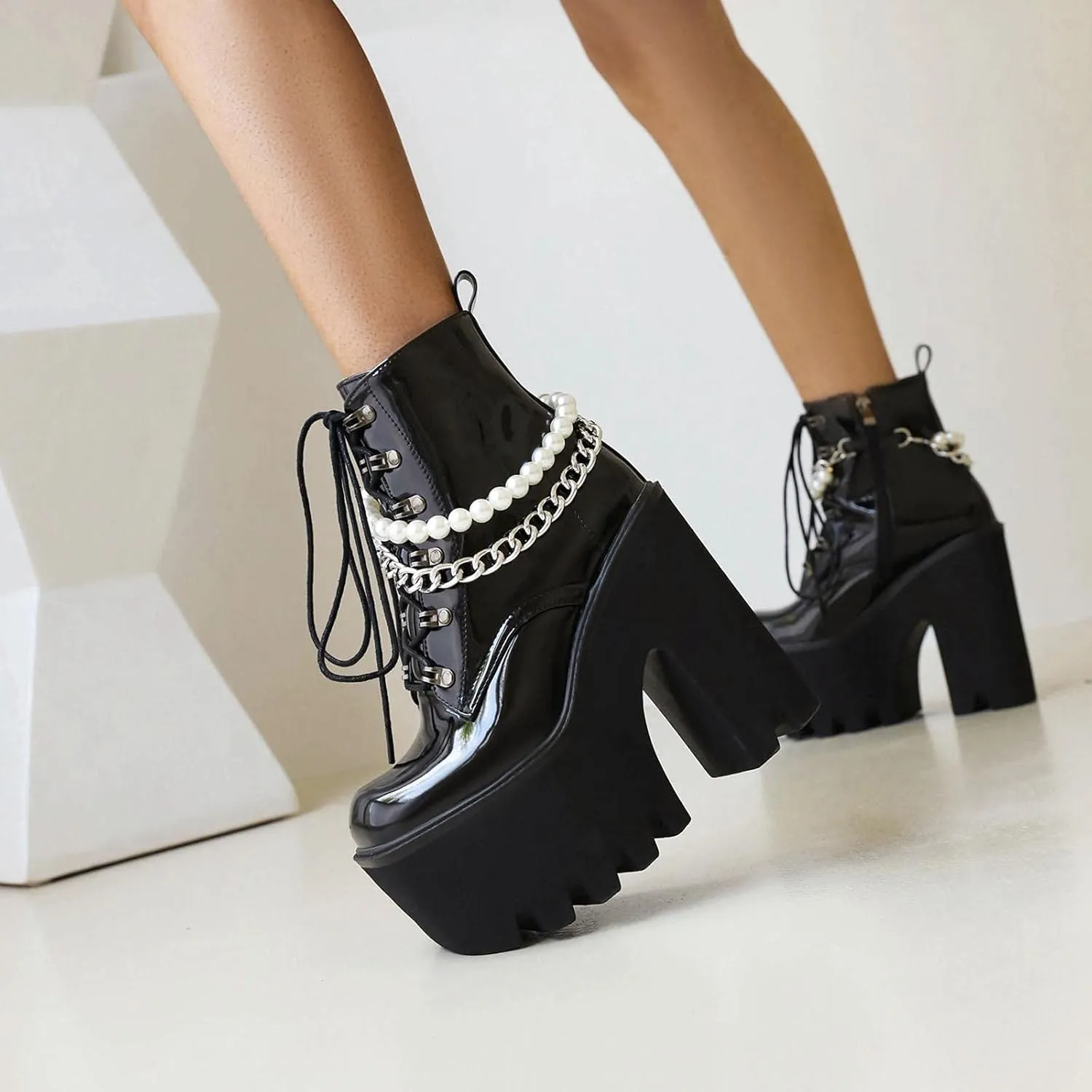 Erocalli Women Gothic Platform Boots Black Chains Punk Chunky Combat Chunky Block High Heel Goth Ankle Booties