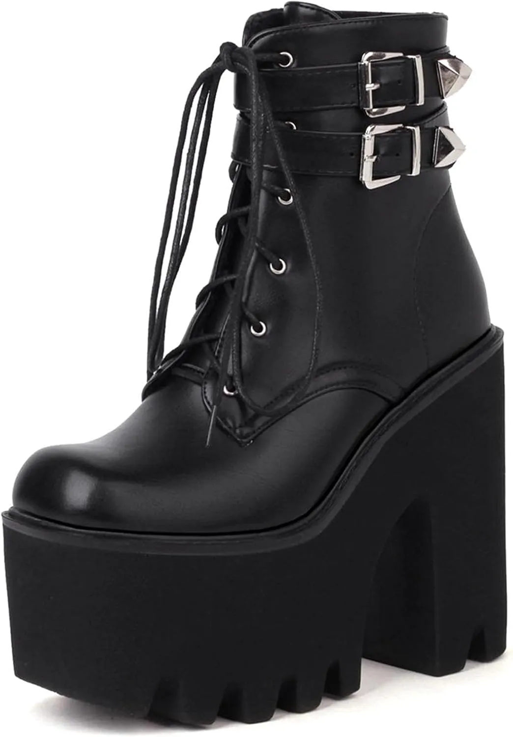 Erocalli Women Gothic Platform Boots Black Chains Punk Chunky Combat Chunky Block High Heel Goth Ankle Booties