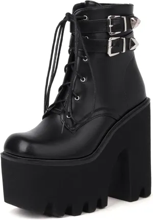 Erocalli Women Gothic Platform Boots Black Chains Punk Chunky Combat Chunky Block High Heel Goth Ankle Booties