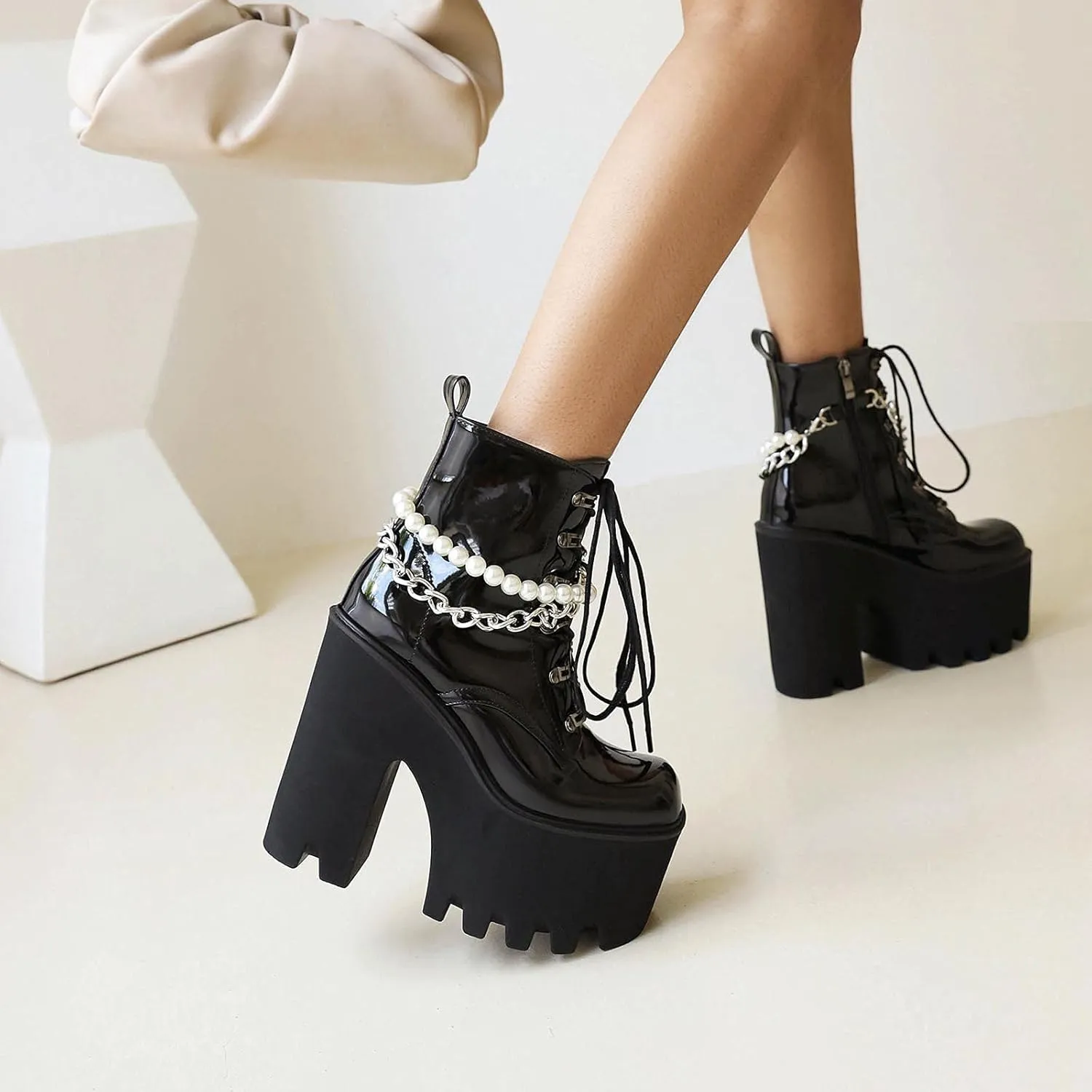 Erocalli Women Gothic Platform Boots Black Chains Punk Chunky Combat Chunky Block High Heel Goth Ankle Booties