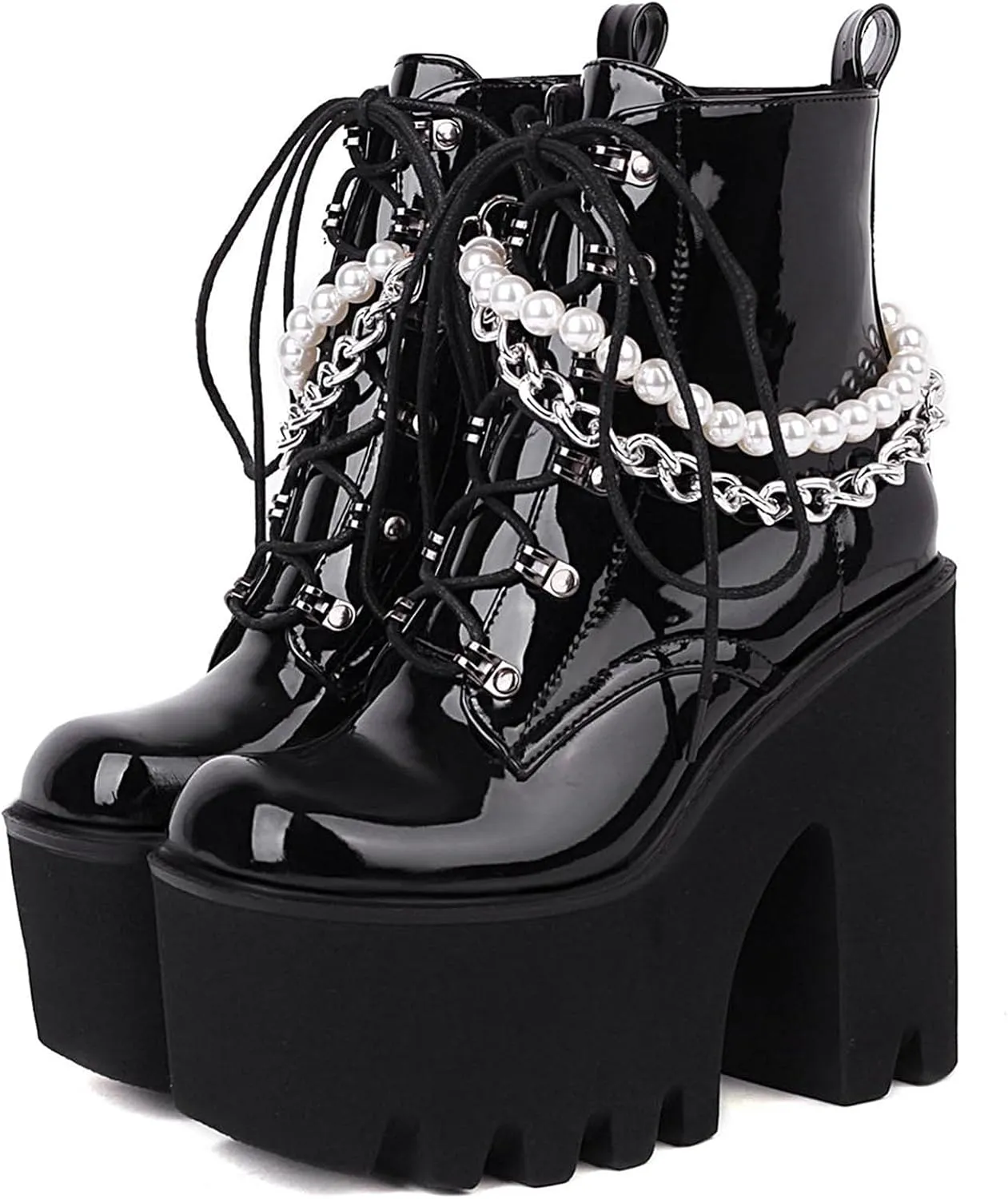Erocalli Women Gothic Platform Boots Black Chains Punk Chunky Combat Chunky Block High Heel Goth Ankle Booties