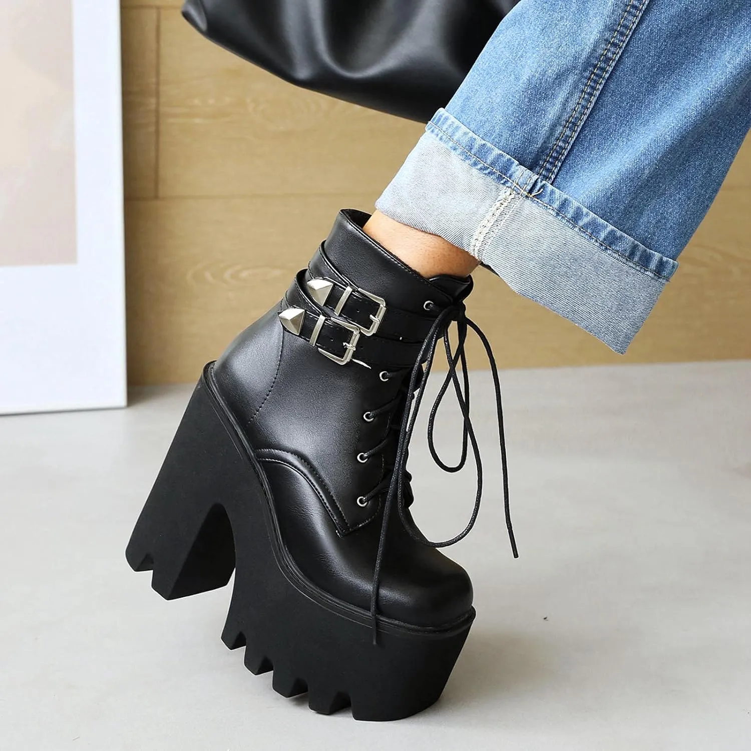 Erocalli Women Gothic Platform Boots Black Chains Punk Chunky Combat Chunky Block High Heel Goth Ankle Booties