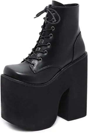 Erocalli Women Gothic Platform Boots Black Chains Punk Chunky Combat Chunky Block High Heel Goth Ankle Booties