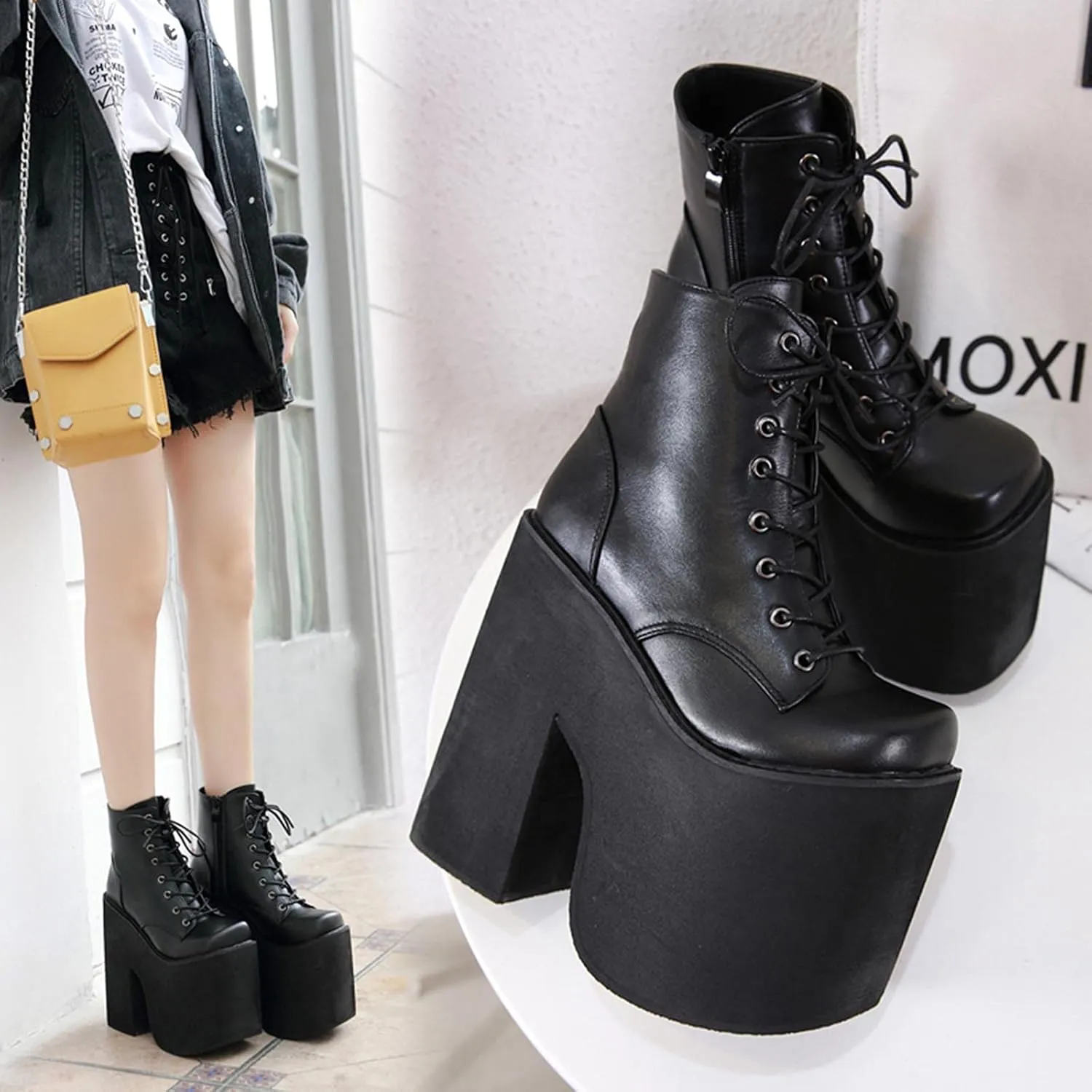 Erocalli Women Gothic Platform Boots Black Chains Punk Chunky Combat Chunky Block High Heel Goth Ankle Booties
