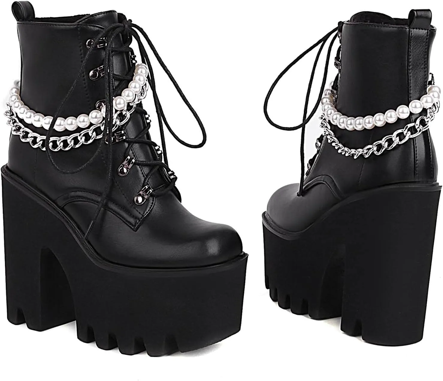Erocalli Women Gothic Platform Boots Black Chains Punk Chunky Combat Chunky Block High Heel Goth Ankle Booties