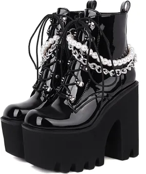 Erocalli Women Gothic Platform Boots Black Chains Punk Chunky Combat Chunky Block High Heel Goth Ankle Booties