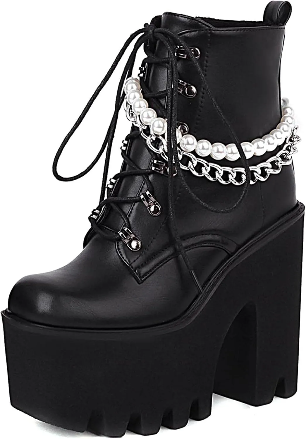 Erocalli Women Gothic Platform Boots Black Chains Punk Chunky Combat Chunky Block High Heel Goth Ankle Booties
