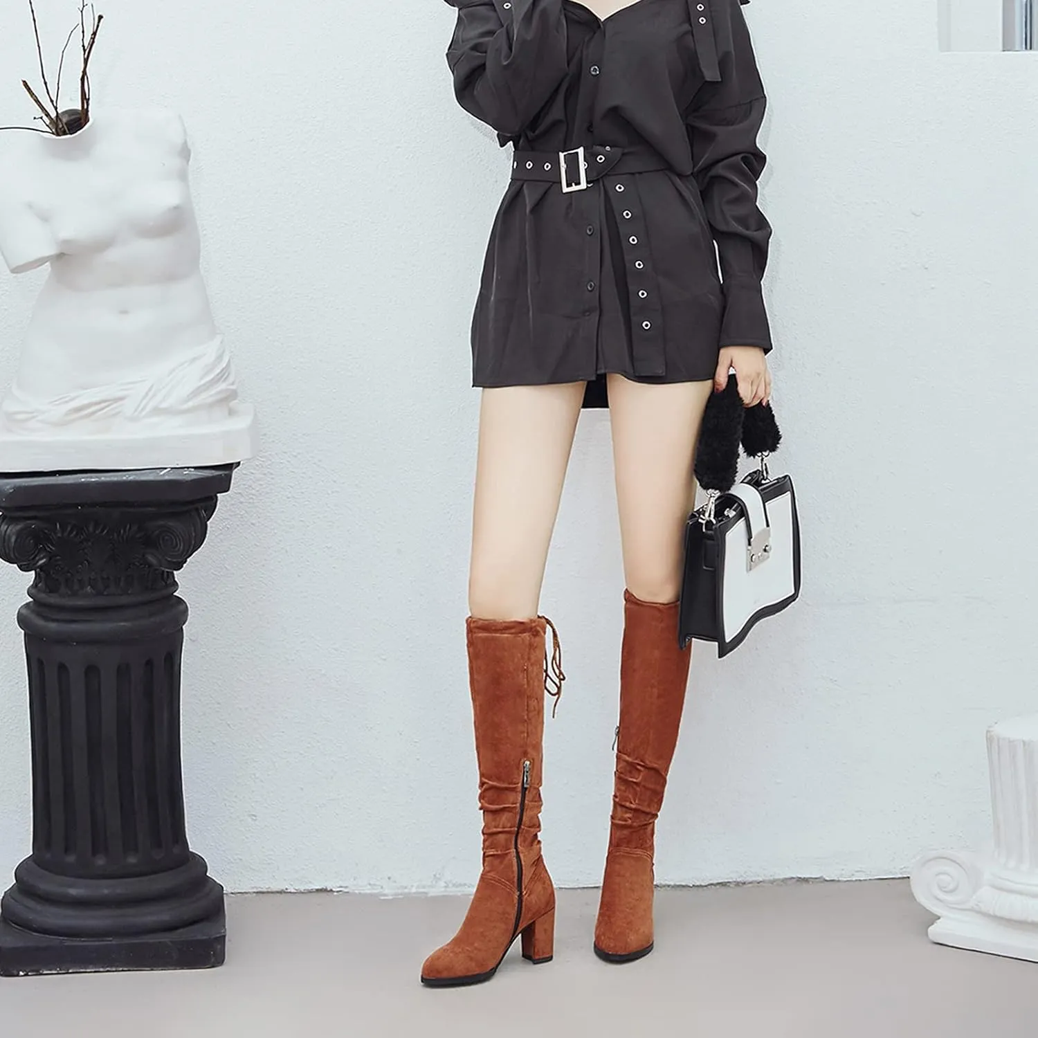 Erocalli Women's Fashion Knee High Boot Women Chunky Block High Heel Pull on Classic Chelsea Long Boots