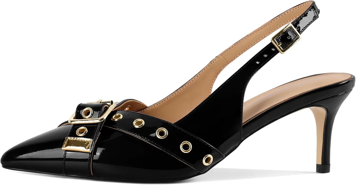 Esvowido Low Kitten Heel Pumps for Women Pointed Closed Toe Slingback Kitten Heels Slingback Slip-on Dress Shoes