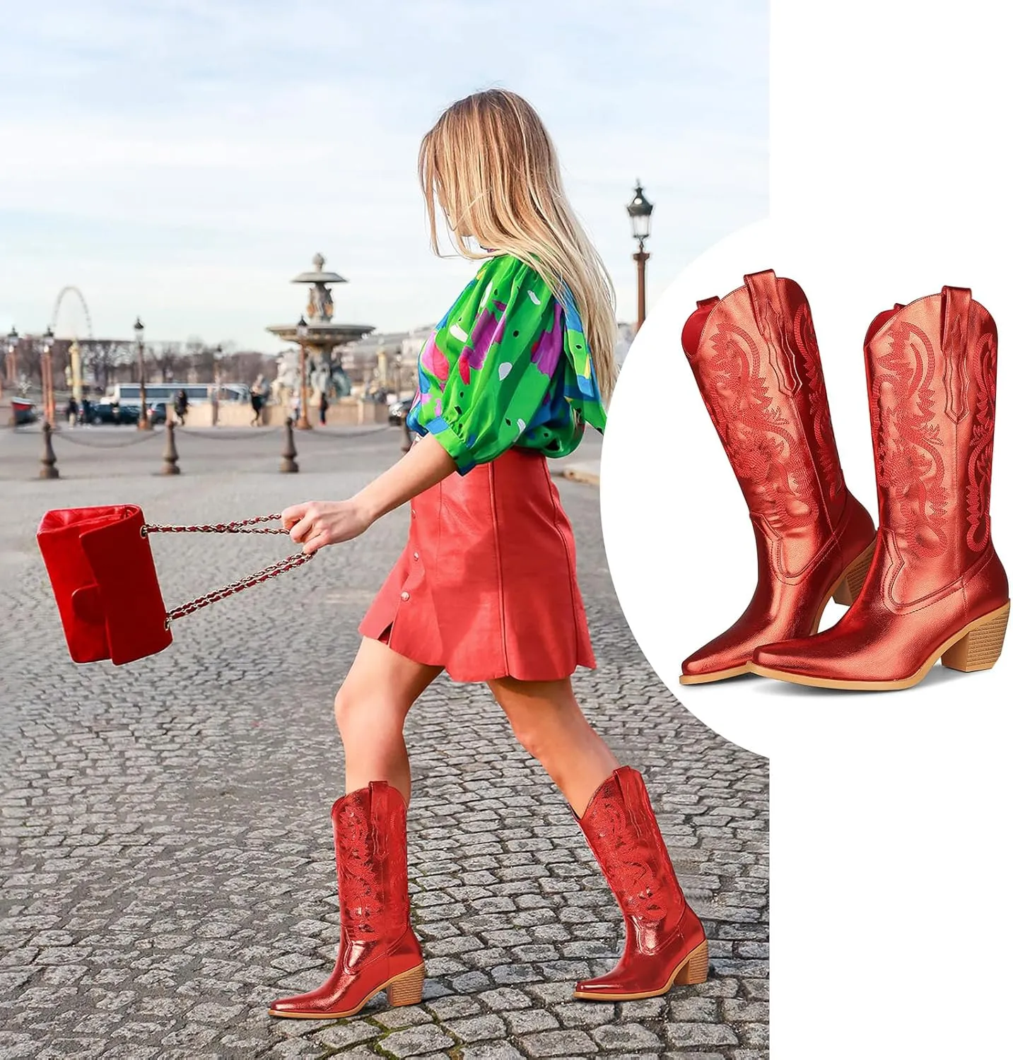 femflame Cowboy Boots For Women,Pointed Toe Embroidered Mid Calf Cowgirl Boots Pull On Zipper Chunky Heel Western Boots