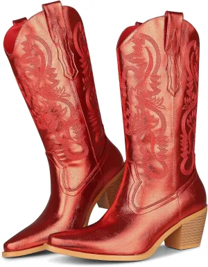 femflame Cowboy Boots For Women,Pointed Toe Embroidered Mid Calf Cowgirl Boots Pull On Zipper Chunky Heel Western Boots