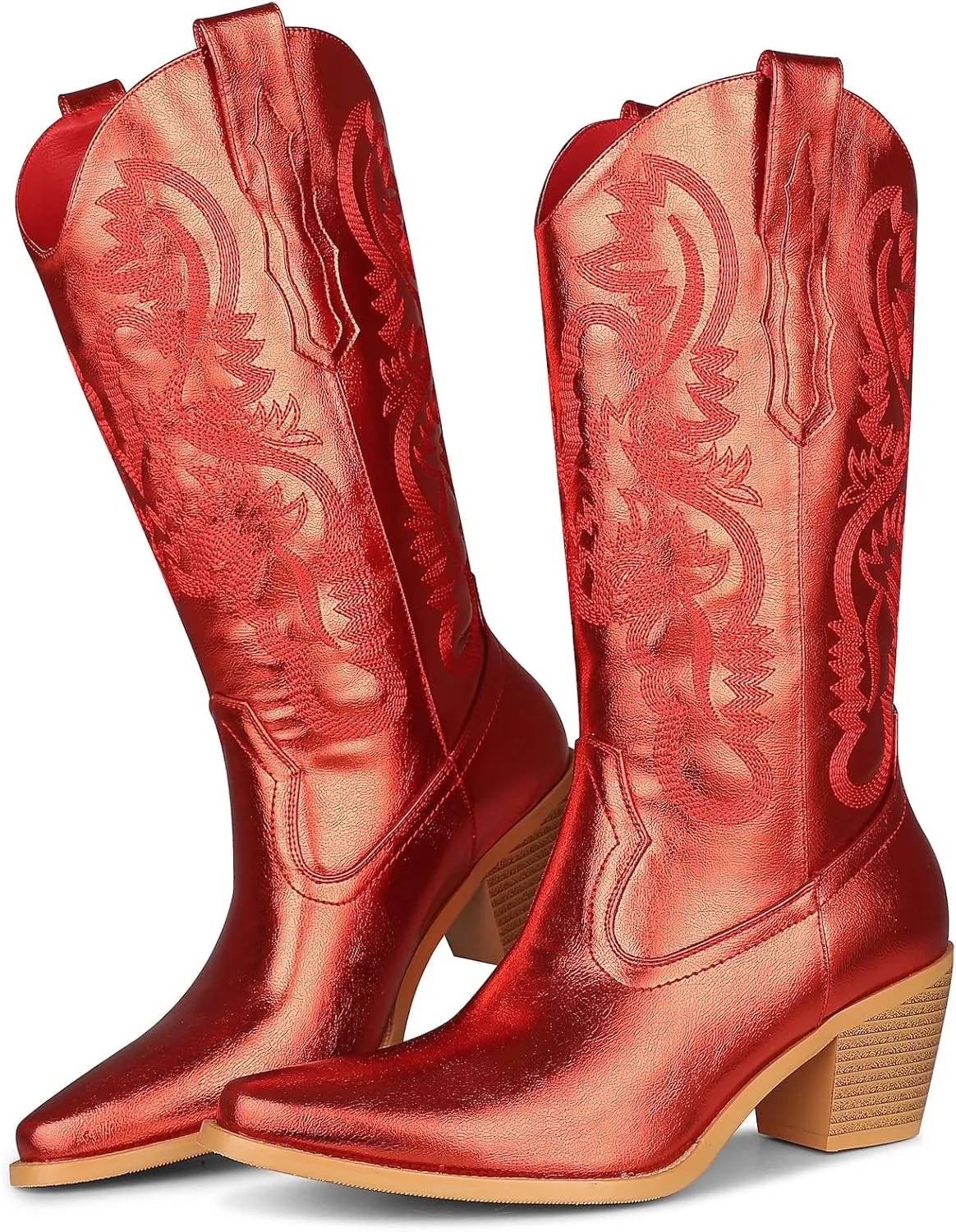 femflame Cowboy Boots For Women,Pointed Toe Embroidered Mid Calf Cowgirl Boots Pull On Zipper Chunky Heel Western Boots