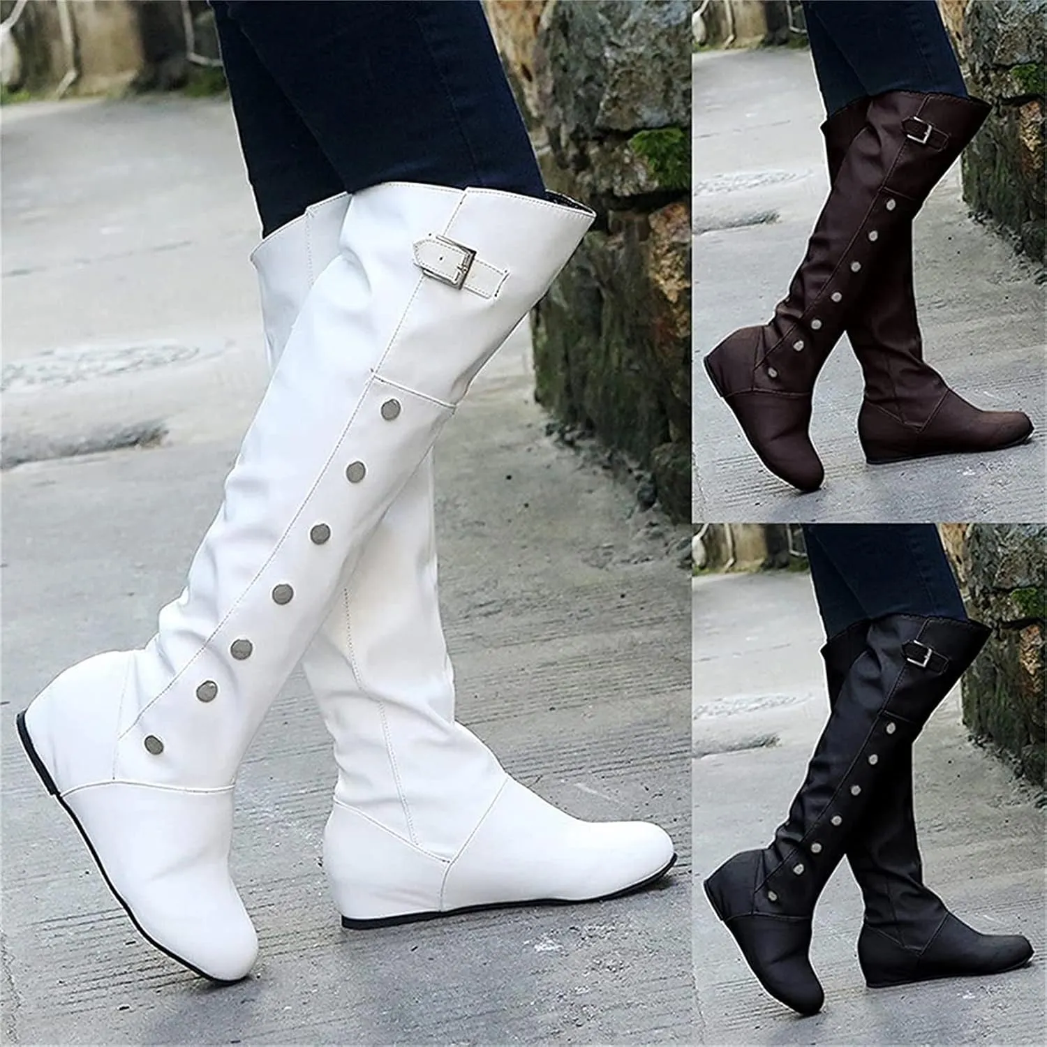 FFZSQ Ladies Winter Overknees Riding Boots Student Long Loading Leather Boots Retro Casual Slip Boots Buckle Shoes Non-Slip Warm Snow Boots for Outdoor