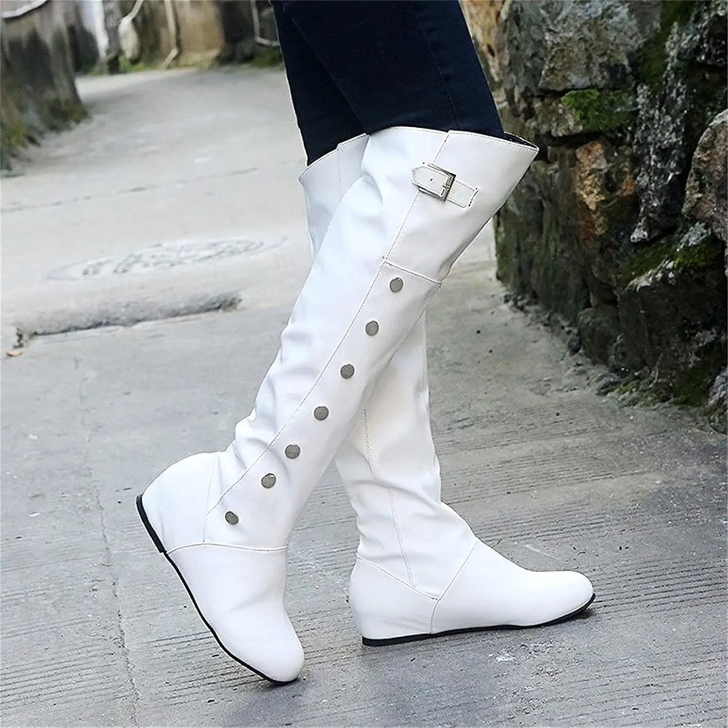 FFZSQ Ladies Winter Overknees Riding Boots Student Long Loading Leather Boots Retro Casual Slip Boots Buckle Shoes Non-Slip Warm Snow Boots for Outdoor