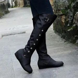 FFZSQ Ladies Winter Overknees Riding Boots Student Long Loading Leather Boots Retro Casual Slip Boots Buckle Shoes Non-Slip Warm Snow Boots for Outdoor