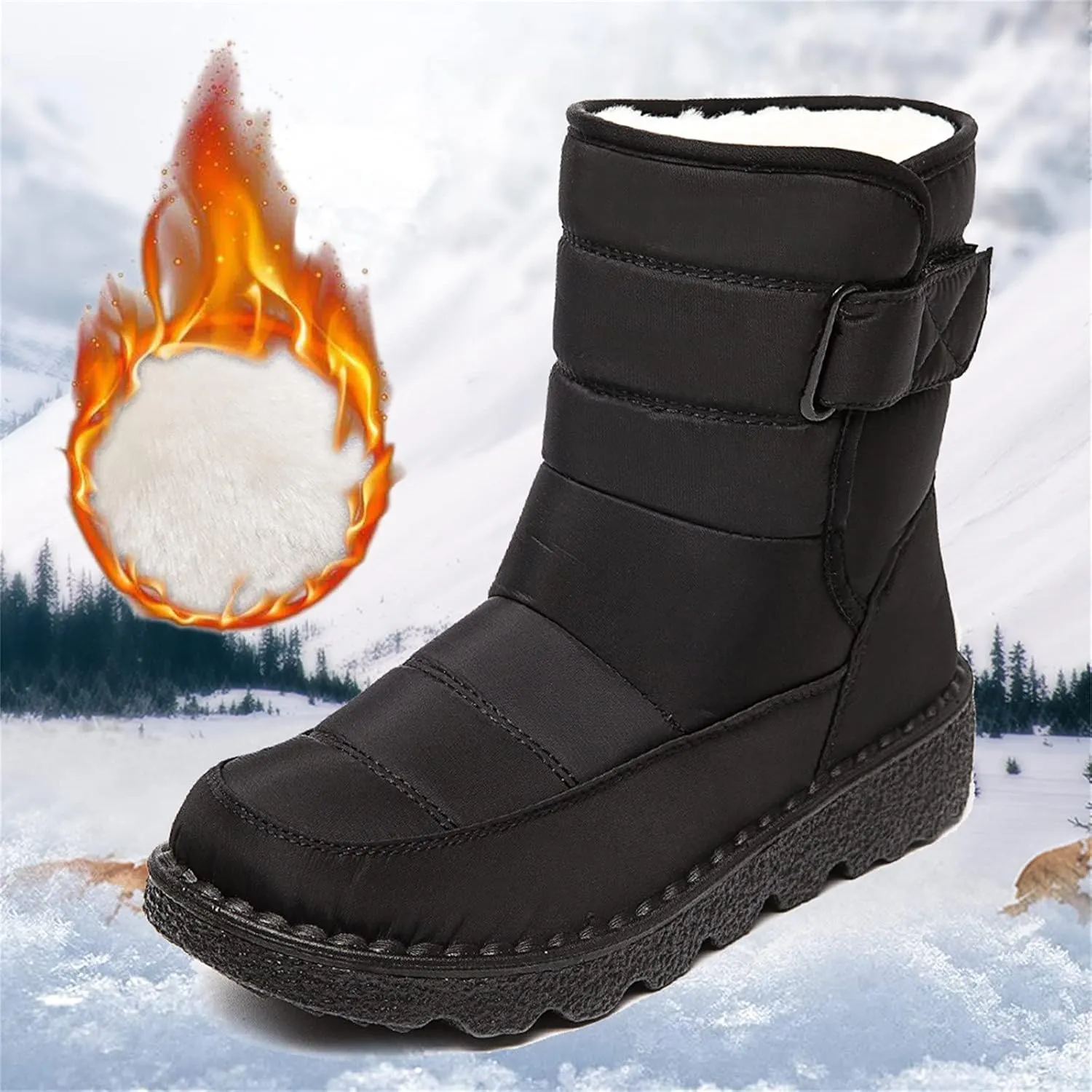 Fleece Lined Thick Mid-Calf Snow Boot for Women Outdoor Hiking Waterproof Cotton Chunky Heel Flat Boot with Buckle